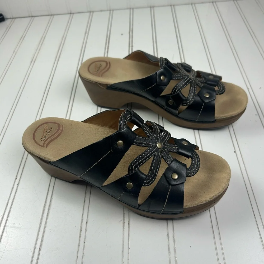 Dansko Serena Black Leather Slide Sandals Women’s Size 9-9.5